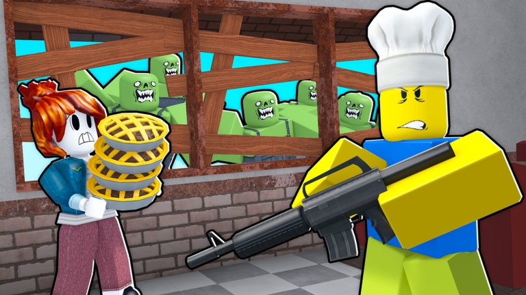 Bake or Die chef with a rifle guarding the diner while a customer holds stacked pies and zombies press the boarded window.