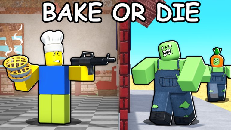 Split Bake or Die scene: a chef with pies and a rifle inside the diner, and desert zombies including a carrot-headed walker outside.